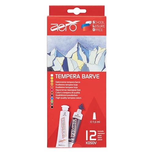 AERO Tempera, 12 leuchtende und intensive Farben, 7,5ml, hochpigmentiert, mit Wasser vermalbar, für zahlreiche Maltechniken