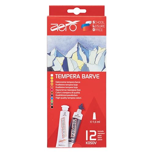 AERO Tempera Farben, 12 Tuben à 7,5ml, leuchtende und intensive Farben, hochpigmentierte Farben, mit Wasser vermalbar, geeignet für zahlreiche Maltechniken