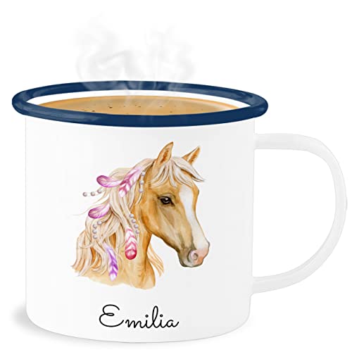 Emaille Becher Blechbecher - Pferd Pferde - Pferdekopf - 300 ml - Weiß Blau - tasse emaille+tasse+kinder+personalisiert pferden pferdemotiven tassen kinder pferdemotiv mädchen reiten metalltasse