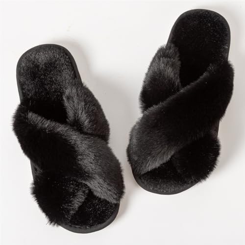 Image of Women's Cross Band Fuzzy Slippers Fluffy Open Toe House Slippers