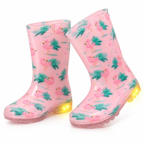 Image of A2Z 4 Kids Girls Pink Flamingo Wellington Boots Light Up Rain - Wellies 1411 Flamingo 12 UK Child