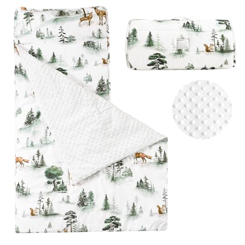 PHF Toddler Nap Mat with Removable Pillow and Minky Fleece Blanket, Rollup Design Warm Slumber Bags for Boys, 50″x20″x2″ Kids Sleeping Bag for Daycare Preschool Travel Camping, Woodland