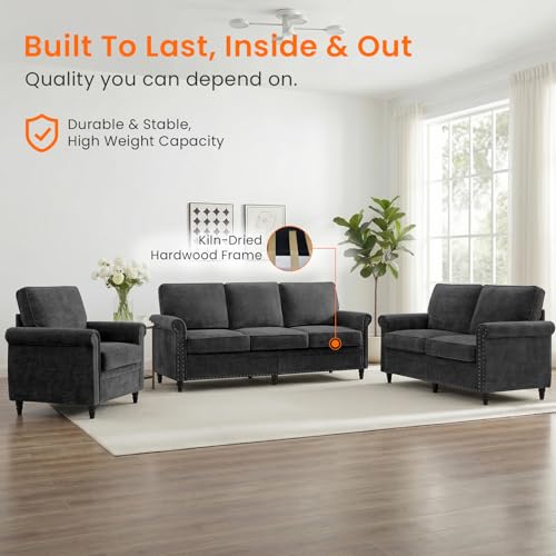 Image of ijuicy 3 PCS Sofa Set, Modern Chenille Living Room Couch Set, Black | Upholstered Sofa, Loveseat and Chair Living Room Furniture Sets with 6 inch Thicken Cushio, Nailhead Trim