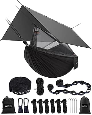 Sunyear Hammock Camping with Rain Fly Tarp and Net, Portable Camping Hammock Double Tree Hammock Outdoor Indoor Backpacking Travel & Survival, 2 Tree Straps,100% Waterproof, Black
