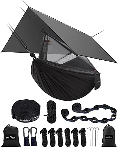 Sunyear Hammock Camping with Rain Fly Tarp and Net, Portable Camping Hammock Double Tree Hammock Outdoor Indoor Backpacking Travel & Survival, 2 Tree Straps,100% Waterproof Black Bundle