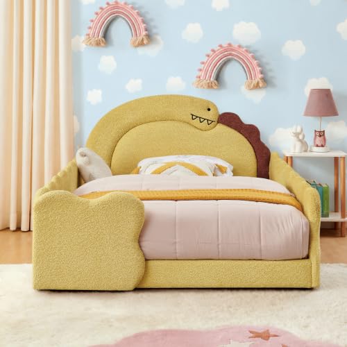 Image of Full Size Kids Bed with Dinosaur Headboard, Upholstered Boucle Fabric Twin Daybed with Slats Support & Side Pocket, Space-Saving Wooden Corner Sofa Couch Day Bed Frame for Girl, Boy, Teenager(Yellow)