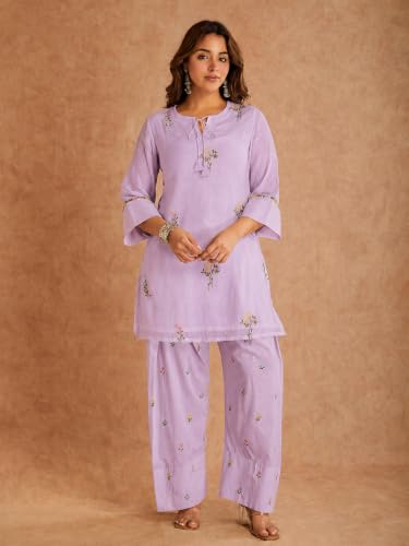 Image of ANNI Designer Farshi Salwar Suit for Women Viscose Embroidered | Co Ord Set for Woman | Straight Kurta Palazzo Outfit Round Neck V Slit 3 /4 Sleeve Ethnic Dress Womens Clothing