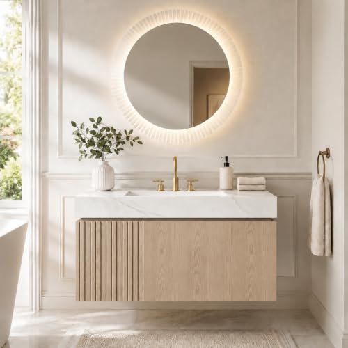 VETRAX 36" Wall-Mount Vanity with Sink, Light Brown, White Sintered, 3-Hole