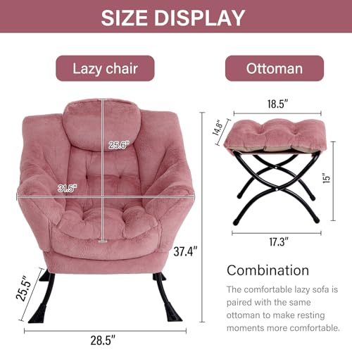 Image of LITA Lazy Chair with Ottoman, Modern Accent Leisure Upholstered Sofa Chair, Lounge Reading Chairs with Armrests and a Side Pocket for Living Room, Bedroom & Small Space, Plush Dark Pink