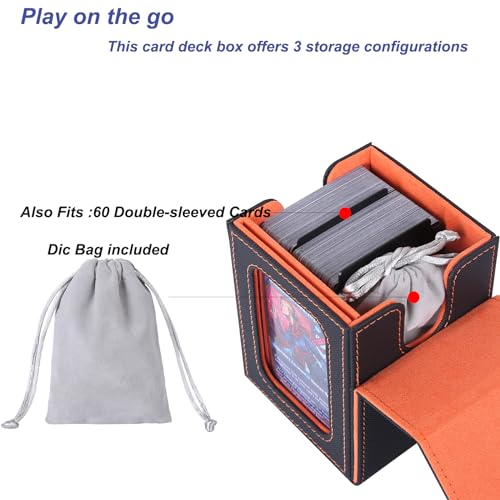 AFIING MTG Deck Box for Commander Display,Card Deck Case Fits 100 Double Sleeved Cards, Magic Commander TCG Card Storage Box with 2 Dividers,Dice Bag and 1 Toploader(Black/Orange)