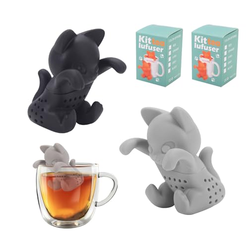 YFaith 2 Pezzi Filtro per Tisane, Forma di Gatto 3D, Filtro Tè Infusione Rimovibile, Silicone Filtri per Tisane Sfuse, Nero e Grigio, per Teiera, Tazza da Tè, Regali