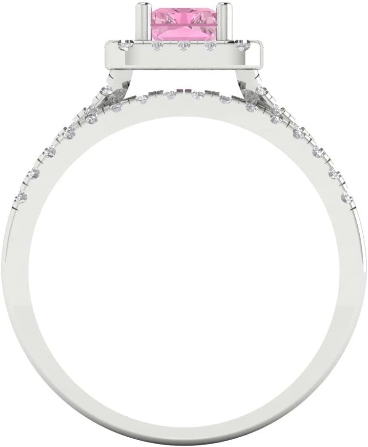 Clara Pucci 1.7 ct Emerald Cut Halo Solitaire Pink Simulated Diamond Designer Art Deco Statement Wedding Ring Band Set 18K White Gold