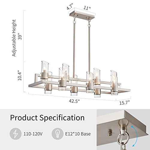 Image of WUZUPS Island Rectangle Chandelier 10-Light with Clear Glass Industrial Modern Farmhouse Linear Light Fixture for Dining Room Kithen Island, Width 42.5 inch Height 10.4 inch, Brushed Nickel
