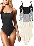 OQQ Women's 3 Piece Bodysuits Sexy Ribbed Sleeveless Adjustable Spaghetti Strip Tops Shapewear Bodysuits Black Grey Beige