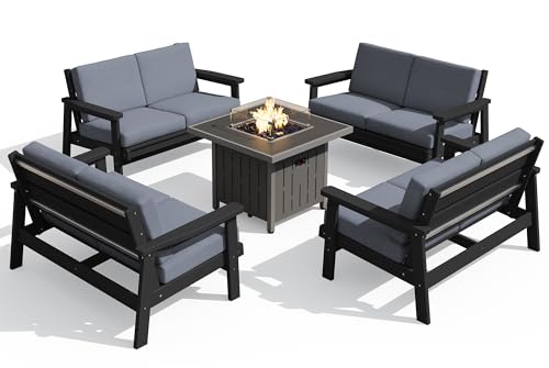 SERWALL HDPE Patio Furniture Set with 33” Square Fire Pit Table