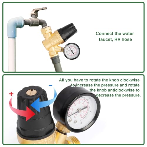 Image of U.S. Solid 3 /4 in GHT RV Water Pressure Regulator, Handwheel-Adjustable Lead-Free Brass, 45 psi Preset, 0-140 psi Gauge, Stainless Filter, for RV Camper Trailer and Garden Hose
