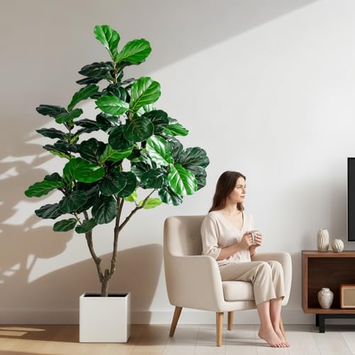 Image of Erimda Artificial Fiddle Leaf Fig Tree 6ft with White Planter Realistic Fiddle Leaf Lyrata Plant Tall Fake Tree with Natural-Looking Leaves Fake Tree for Indoor Outdoor Home Office Decor