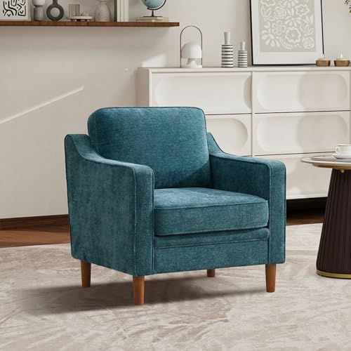 Image of Kingfun Accent Chair, Living Room Chairs, Mid Century Reading Armchair, Chenille with Solid Wood Foot, Upholstered Modern Decor for Bedroom, Apartment