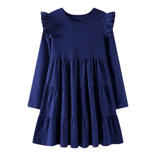 Image of Girl Long Sleeve Dress Ruffle Rainbow Color Block Cotton Casual Tiered Pleated Twirly Dress