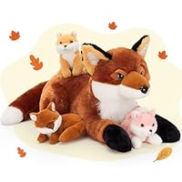 BENINY 4Pcs Fox Stuffed Animal Set, Large Mommy Red Fox Plush 22 Inch with 3 Baby Foxes in Her Zippered Tummy, Christmas Plushie Toy Gift for Girls and Kids