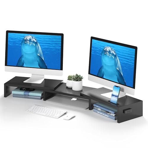 BONTEC Dual Monitor Stand Riser with Smartphone Holder, Adjustable Length & Swivel Angle, Ergonomic Wooden Desktop Organizer for PC Monitor, Laptop, Printer, Large Storage, White