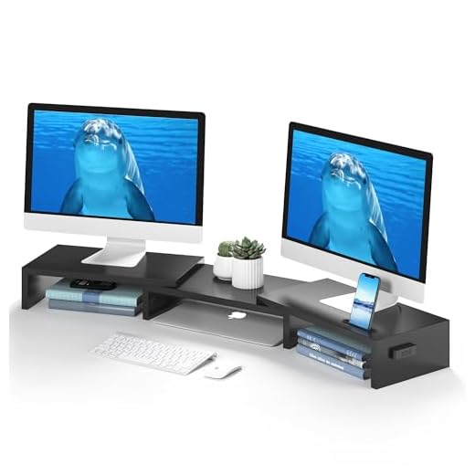 BONTEC Dual Monitor Stand for Desk, Adjustable Length and Angle Monitor Stand Riser with Smartphone Holder, Desk Shelf for Top of Desk, Computer Monitor Stand with Storage, Office Desk Organizer, Black