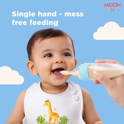 Image of Milton Baby Silicone Spoon Food Feeder I BPA Free-Food Grade I Anti-Spill Suction Base I Removable Strainer - Spill Proof Cap I Travel Friendly I for Cerelac, Puree and Semi Liquid Food I Sky Blue