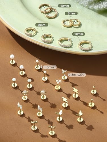 Flat Back Gold Earrings for Women Hypoallergenic- 14K Gold Flat Back Stud Hoop Earrings Surgical Steel Cartilage Earring Set Small Stainless Steel Flatback Earring Helix Tragus Piercing Jewelry for Sensitive Ears Screw Back3