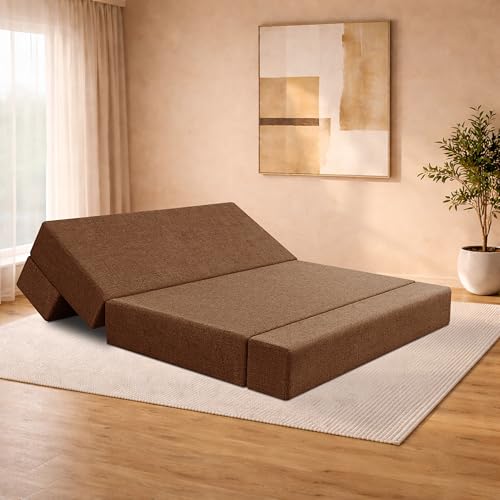 Image of Two-Seater Sofa Cum Bed Foldable Sofa Cum Bed Washable & Zipper |Jute Finish Fabric - Brown | 4' X 6' Feet