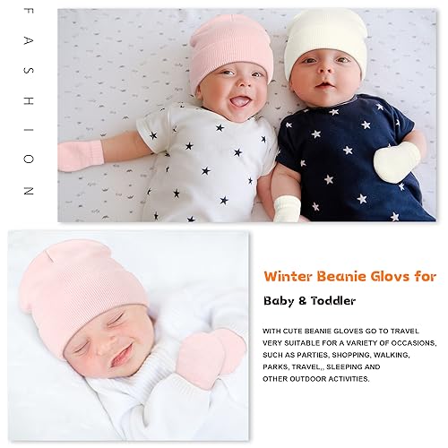 Image of Baby Beanie Hat Gloves Set, Kids Winter Warm Knit Hat with glvoes,Toddler Soft Beanie for Little Boys Little Girls Children