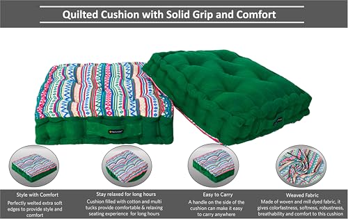 Image of Reversible 60x60x10 cm Woven Quilted Green Boho Floor Cushion with Cotton Filler for Seating, Patio Seat, Meditation, Yoga, Pooja, Guests, Living Room, Bedroom, Large Size 24x24x4 Inch
