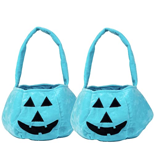 SCS Direct Halloween Teal Pumpkin Fabric Trick or Treat Tote 2pk- Soft Canvas Candy Bag 8x8 Kids Light Blue Allergy Friendly Awareness