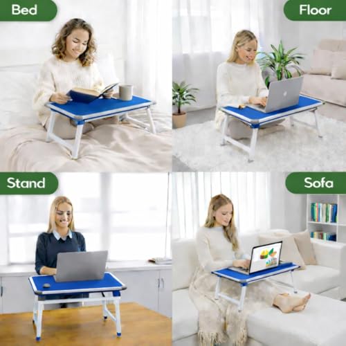Image of YAJNAS Multipurpose Portable Study Laptop Table (15 x 26 Inch) | Height Adjustable Foldable Lap Desk & Bed Table for Kids, Home, Office, Online Classes & Learning - Blue