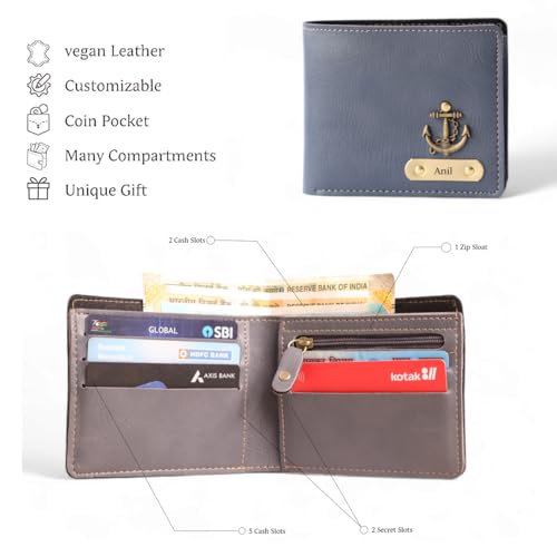 Image of Personalised All in One Men's Combo Gift (4 pcs) Customized Leather Wallets, Key Chain, Eyewear Case and Passport Cover with Name | Best Gift for Brother, Husband, Boyfriend, Father (Grey)