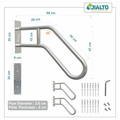 Image of JIALTO Wall Mounted Staircase Handrail Safety Grab Bar- Heavy Duty Metal Support Railing for Indoor Stairs, Bathroom & Entryway, Anti-Slip Wall Support Handle with Installation Kit (Silver, Pack of 2)