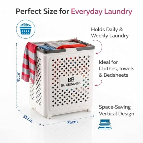 Image of Laundry Bag, Large Laundry Basket, Durable Plastic Storage Basket with Ventilated Diamond Design With Wheel At Bottom, Grey Rim Bathroom & Bedroom Organizer, 45L (PACK OF 1)