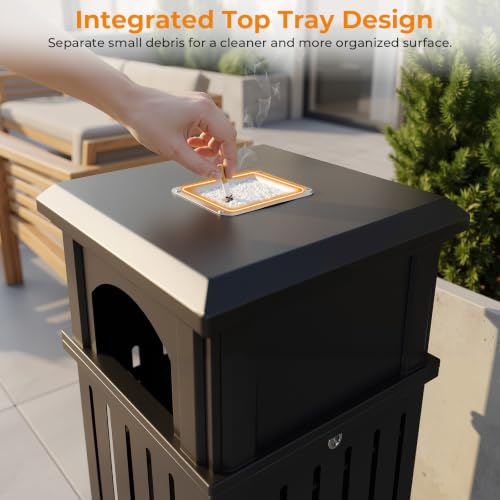 Image of BEAMNOVA Commercial Outdoor Trash Can with Lid, Black, 15.8 * 35.5 in | Garbage Can Outside Metal Heavy Duty Waste Container for Patio, Business, Motel Room, Pool Area, Exterior Public Area