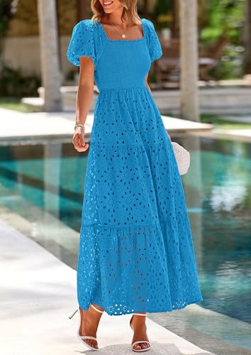 Image of PRETTYGARDEN Summer Dresses for Women 2026 Eyelet Square Neck Puff Sleeve Smocked Wedding Guest Maxi Dress with Pockets