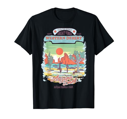 Vintage Feel Sunset Western Desert Mountain Cactus Arizona Camiseta