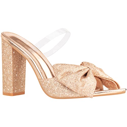 ILLUDE Women’s Chunky Block Heel with Bow Clear Pointed Toe Heeled Sandal Slip On Mule - Rosa