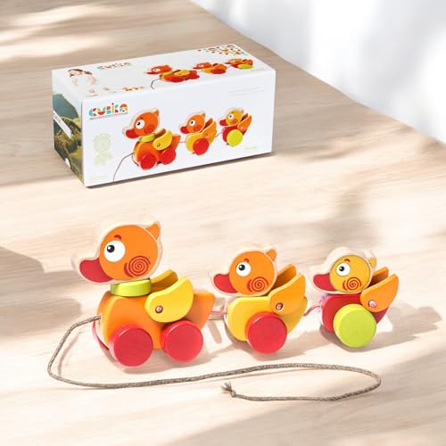Image of Cubika Wooden Walk Along Ducks - Pull Toys for Toddlers Ages 1-3 - Montessori Inspired, FSC-Certified Wood, German Water-Based Paint - Travel-Friendly Wooden Toy for Boys and Girls