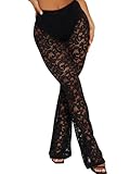 Women Sexy Black Lace Flare Pants See Through Sheer Mesh Floral High Waist Party Club Pants (No Underwear) Black XL