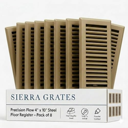 Image of 4 inch x 12 inch Brown Floor Register 2 Way - Stamped Face Steel Vent Cover, HVAC Floor Grille for AC Heat, Fits 4x12 Duct Opening, Heavy Duty Metal Register, 8 Pack