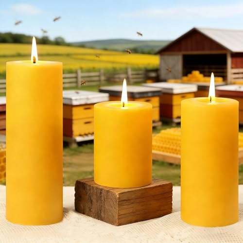 Natural Beeswax Pillar Candles, 127 Hours Long Burning Time Beeswax Candles Unscented Bees Wax Candles Smokeless Dripless Bees Wax Candle for Home Paryer Relax, 2x3in,1.89x4in,2x6in