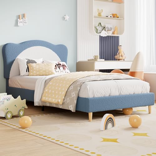 GarveeHome Twin Size Bed Frame for Kids - Cute Velvet Princess Platform Bed with Upholstered Headboard for Girls/Boys, Solid Wood Slats Support, No Box Spring Needed, Blue + White Blue + Whi