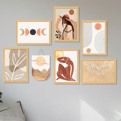 Image of PAINTINGMANTRA Boho Abstract Framed Wall Art Set of 7 (1 MDF wall Hanging), Modern Neutral Aesthetic Prints with Minimal Line Art, Framed Painting Wall Decor for Living Room, Bedroom, Home, 9x13 Inch