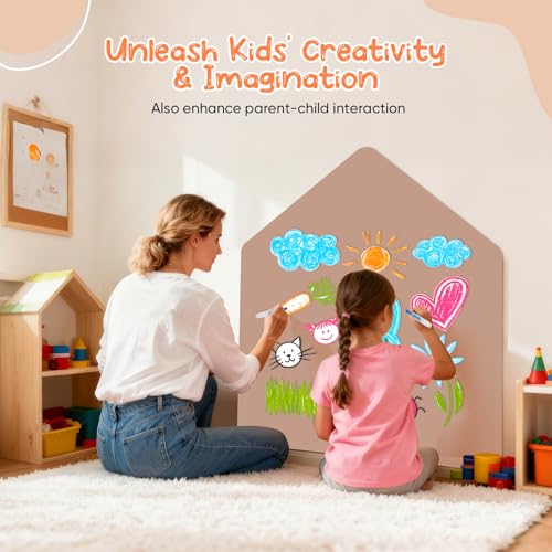 Trsaow Magnettafel Kinder,100 x 80 cm Magnetwand in Hausform 6 Buntstift, 1 Reinigungstuch, 1 Kreidehaltern, 1 Doppelseitiges Klebeband Magnetische Zeichentafel für Jungen Mädchen