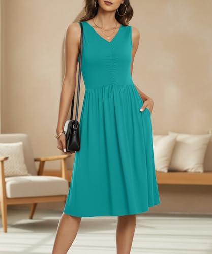Image of NILOUFO Sleeveless Dress for Women Summer Knee Length Sundress with Pockets | Sundresses for Women Tank Empire Waist Sun Dress Cold Shoulder Casual V Neck Midi Dress Flowy Summer Dresses for Women
