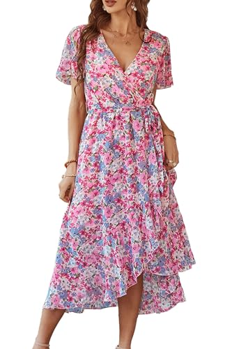 PRETTYGARDEN Women's Summer Floral Boho Maxi Dress Wrap Short Sleeve V Neck Ruffle A-Line Flowy Wedding Guest Long Dresses