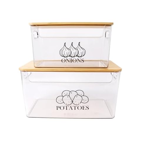 Xbopetda Potato Onion Storage, Potato Bin with Bamboo Lid, Transparent Acrylic Potato Container Onion Keeper, 2 Set Stackable Onion Storage, Pantry Kitchen Counter Organizer for Potatoes Onions-Clear Cover